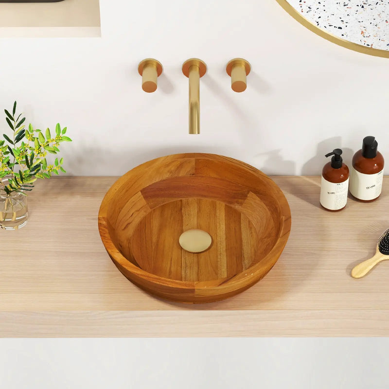 16 Inch Teak Wood Washbasin with Drainage Hole and Rounded Corners by DirectDeals