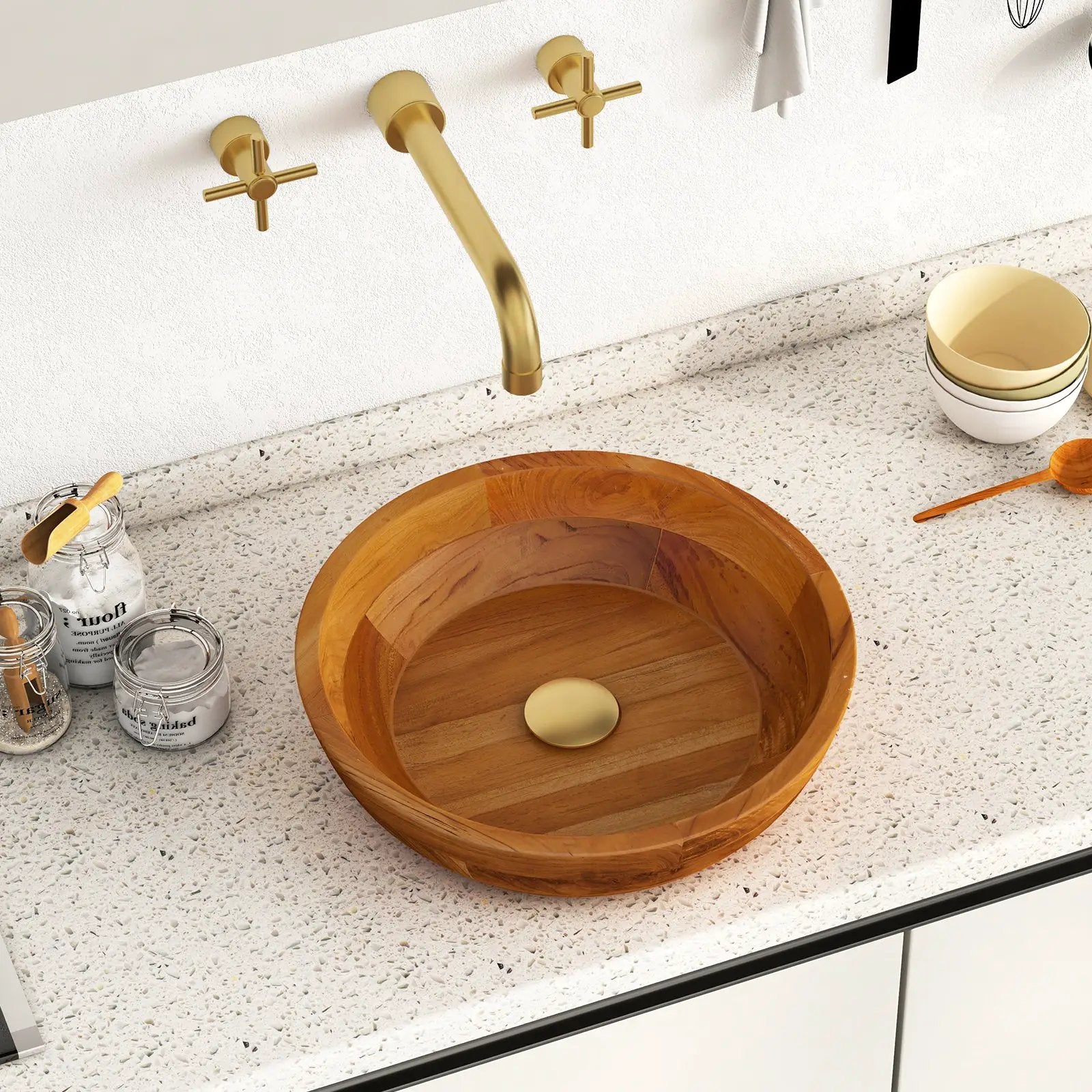 16 Inch Teak Wood Washbasin with Drainage Hole and Rounded Corners by DirectDeals