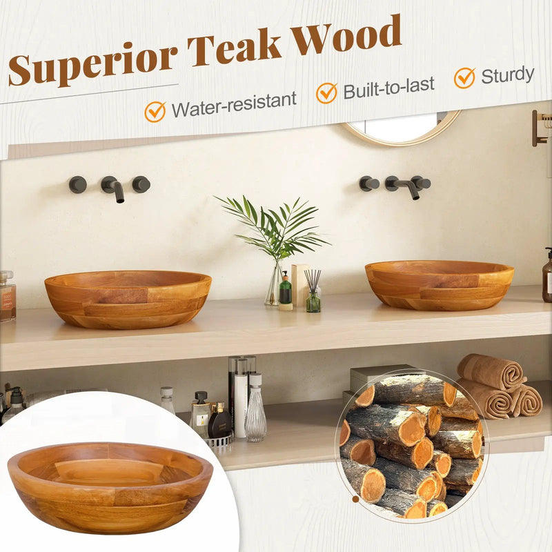16 Inch Teak Wood Washbasin with Drainage Hole and Rounded Corners by DirectDeals