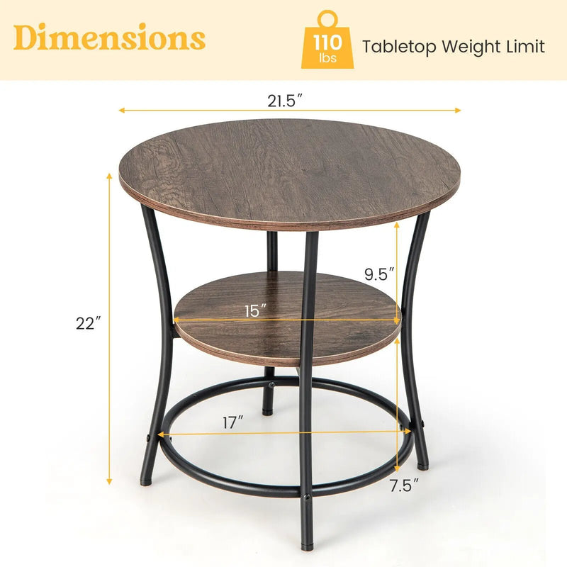 2-Tier Round End Table with Open Storage Shelf and Sturdy Metal Frame by DirectDeals