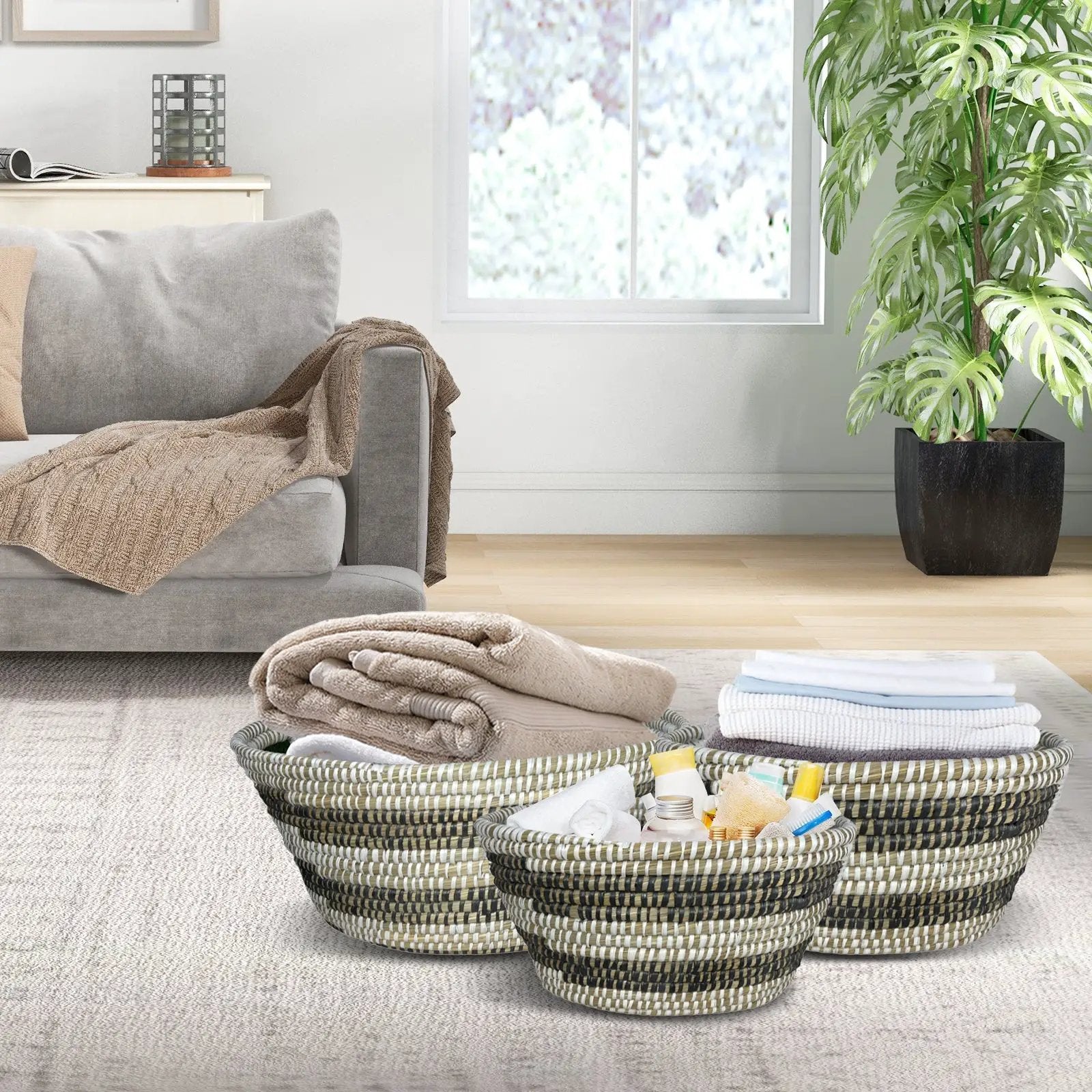 Natural Canes Grass Baskets Stackable Storage Bins Set of 3 with Hollowed Handles by DirectDeals