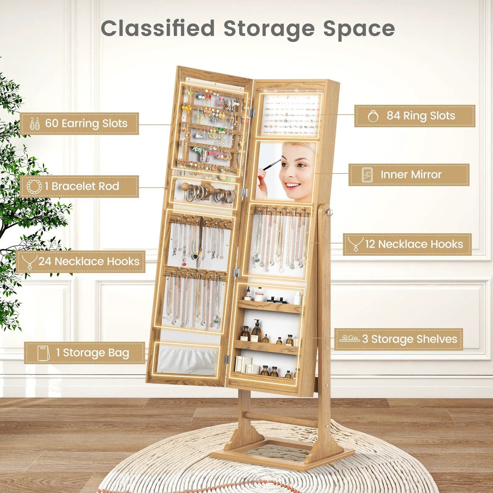 Freestanding Lockable Jewelry Armoire with Full-Length Mirror and 6 LED Lights by DirectDeals