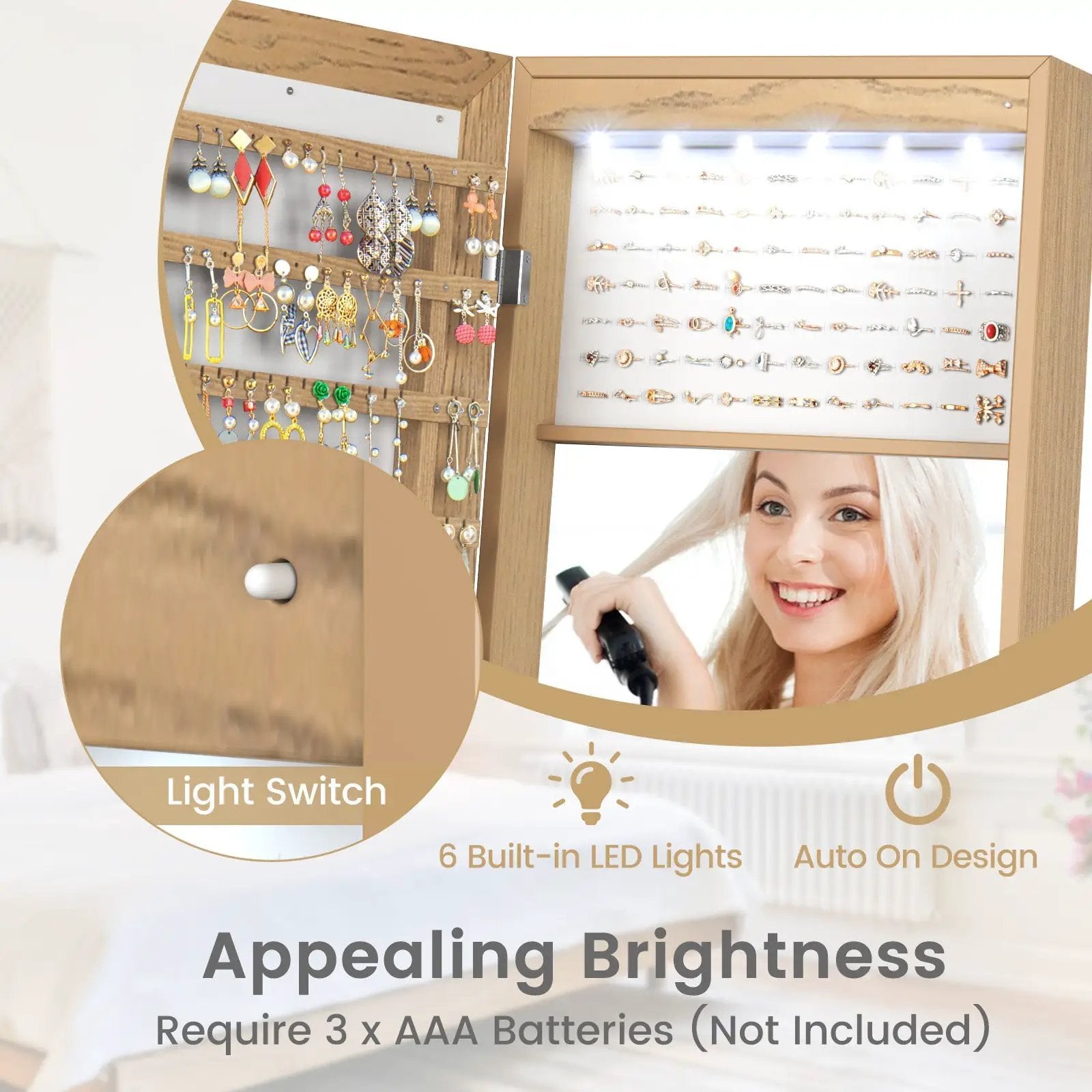 Freestanding Lockable Jewelry Armoire with Full-Length Mirror and 6 LED Lights by DirectDeals