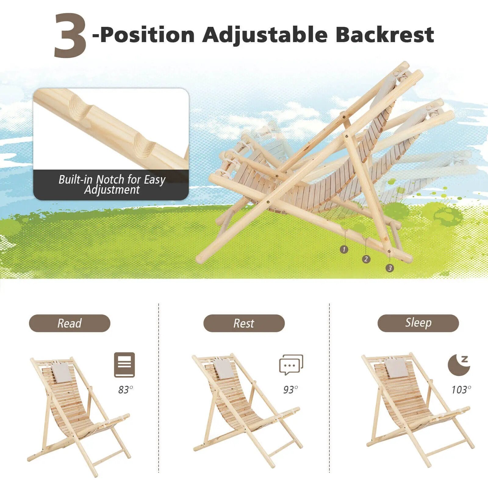 Solid Fir Wood Lounge Chair with 3-Level Adjustable Backrest and Soft Padded Headrest-Natural by DirectDeals