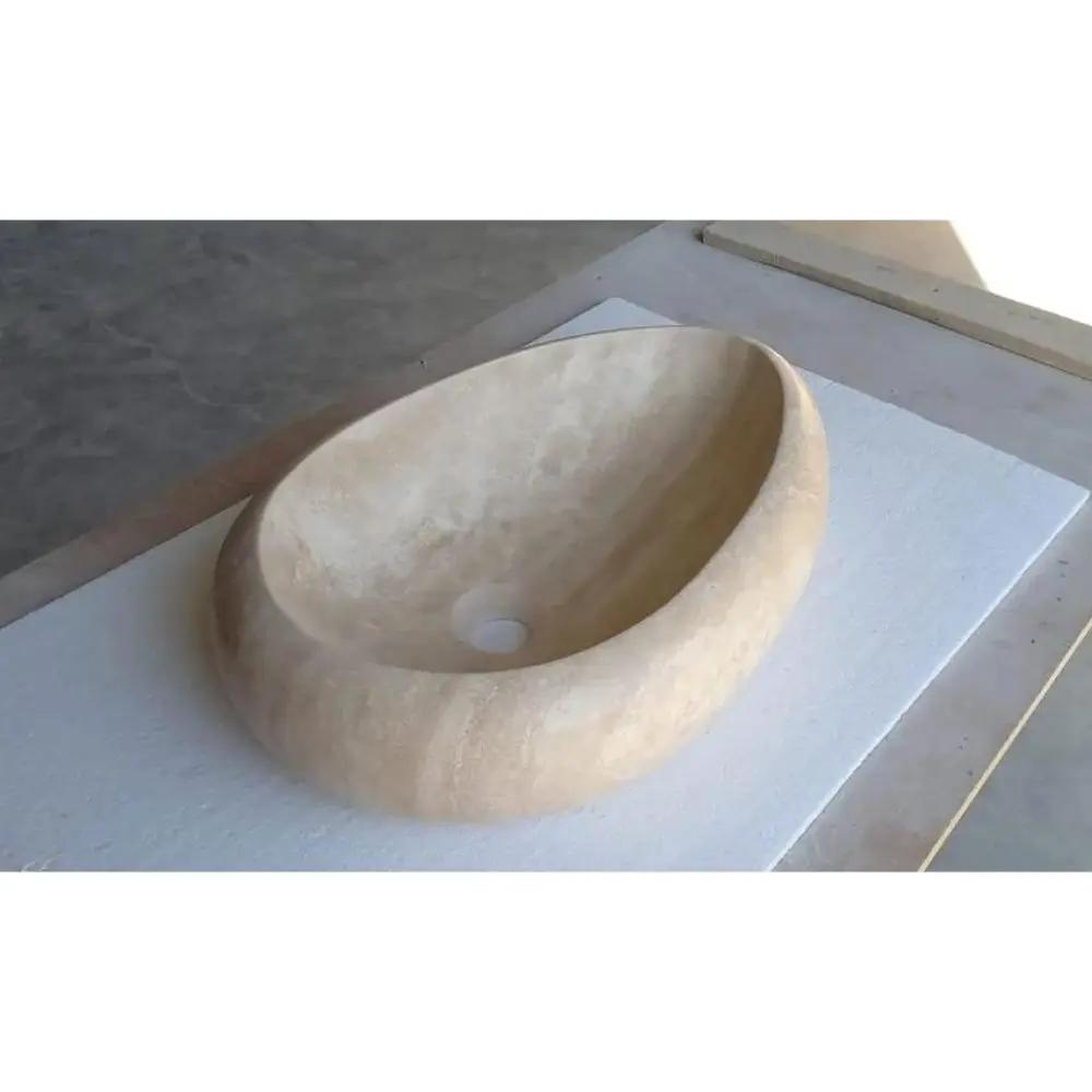 Natural Stone Travertine Drop Shape Handcrafted Turkish Vessel Sink Made 14x20x4.7 by GobekDesign