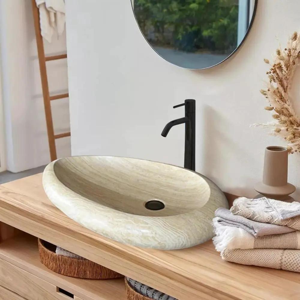 Natural Stone Travertine Drop Shape Handcrafted Turkish Vessel Sink Made 14x20x4.7 by GobekDesign