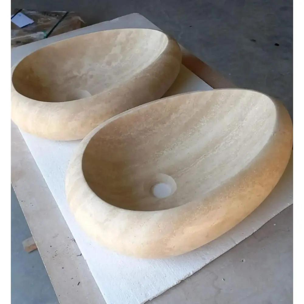 Natural Stone Travertine Drop Shape Handcrafted Turkish Vessel Sink Made 14x20x4.7 by GobekDesign
