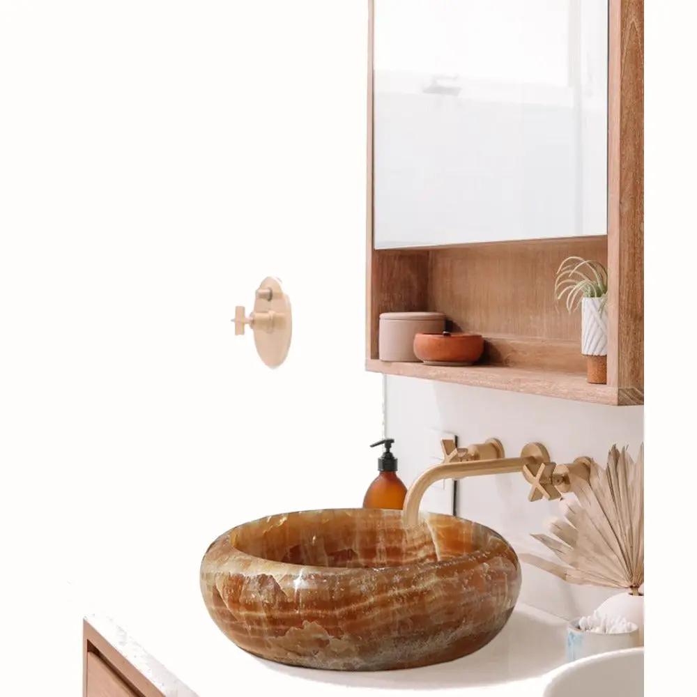 Honey Onyx Premium Natural Stone Round Vessel Sink 16 Inch Diameter 6 Inch Height by GobekDesign