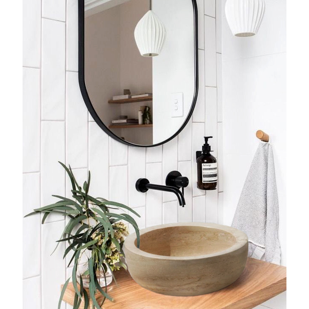 Light Travertine Natural Stone Round Vessel Sink - 14 x 7 Inches by GobekDesign