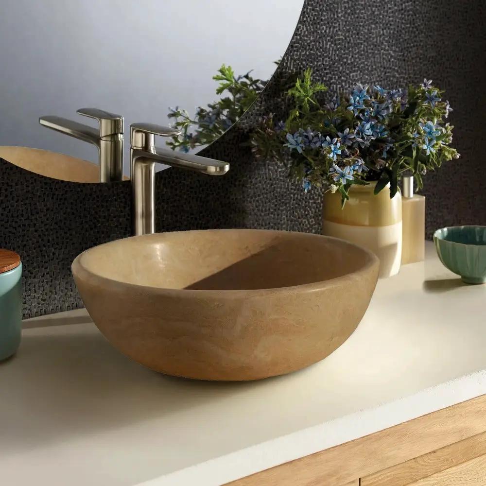 Light Travertine Hand-Carved Natural Stone Vessel Sink Round 16 Inch by GobekDesign
