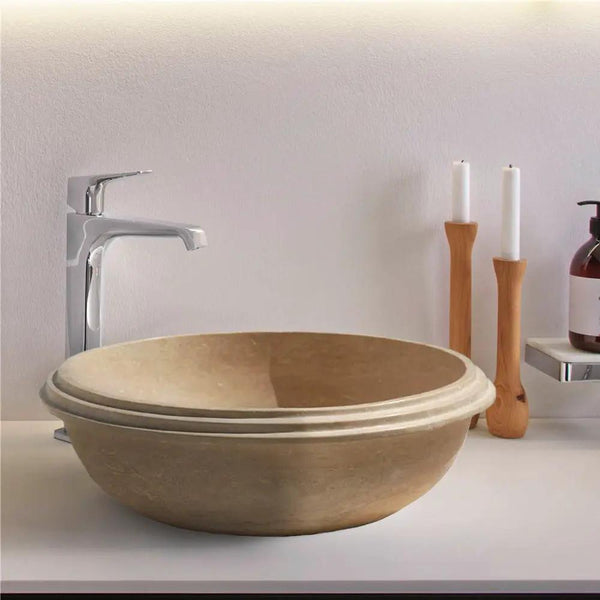 Light Travertine Vessel Sink Natural Stone Stripe Edge 16 Inch Diameter 6 Inch