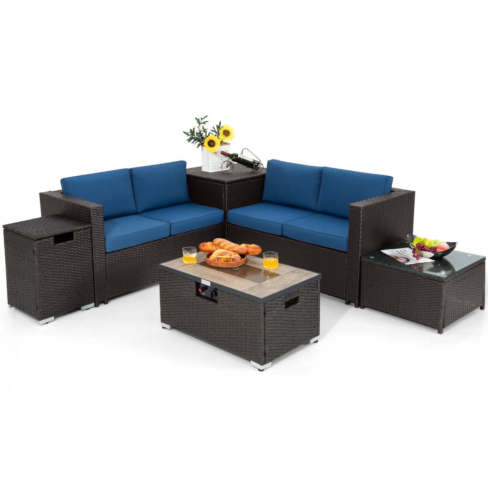 6 Pieces Outdoor Wicker Furniture Set with 32 Inch Propane Fire Pit Table by DirectDeals