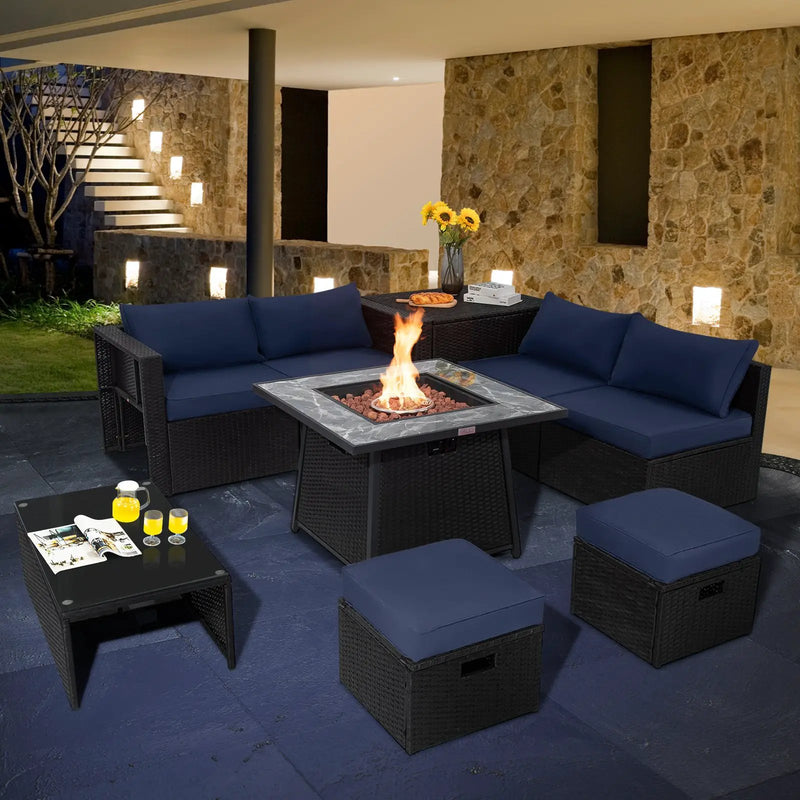 9 Pieces Outdoor Wicker Sectional with 35 Inch Gas Fire Pit Table by DirectDeals