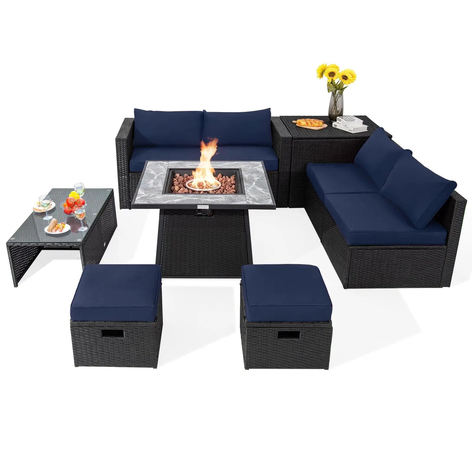9 Pieces Outdoor Wicker Sectional with 35 Inch Gas Fire Pit Table by DirectDeals
