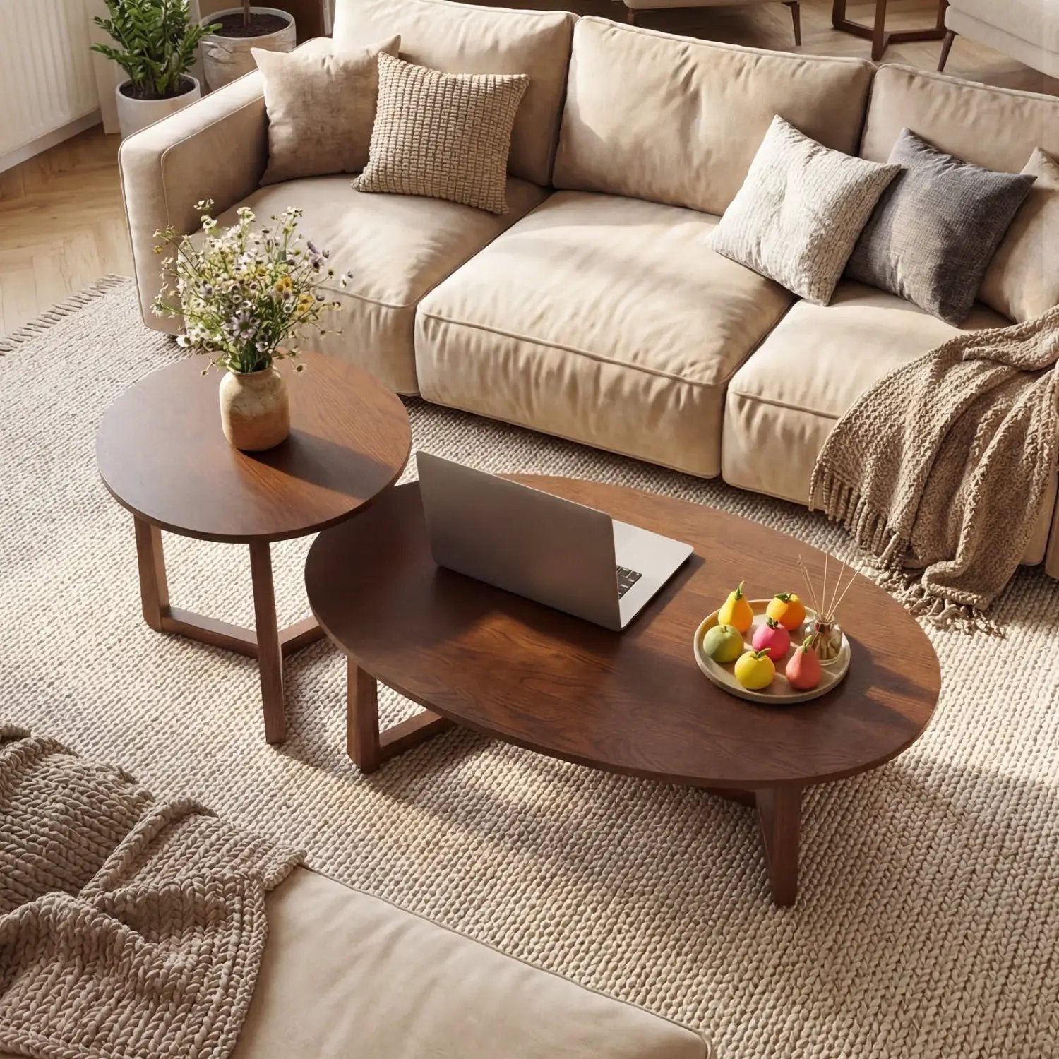 Nesting Coffee Table Set of 2 with Wood Veneered Top and Solid Rubber Wood Legs by DirectDeals
