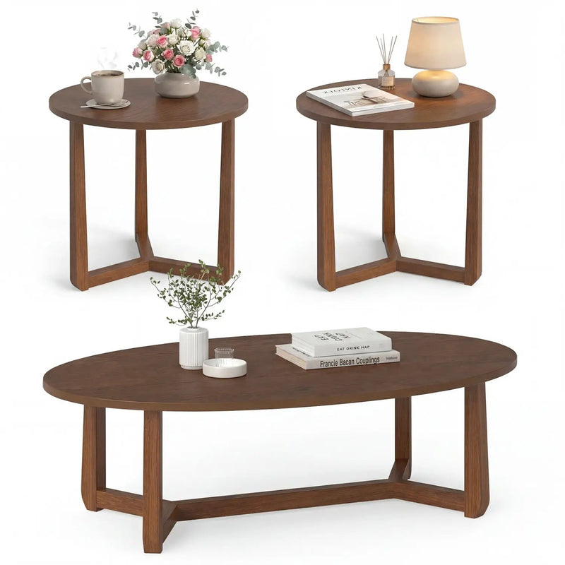 Nesting Coffee Table Set of 3 with Wood Veneered Top and Solid Rubber Wood Legs for Living Room by DirectDeals