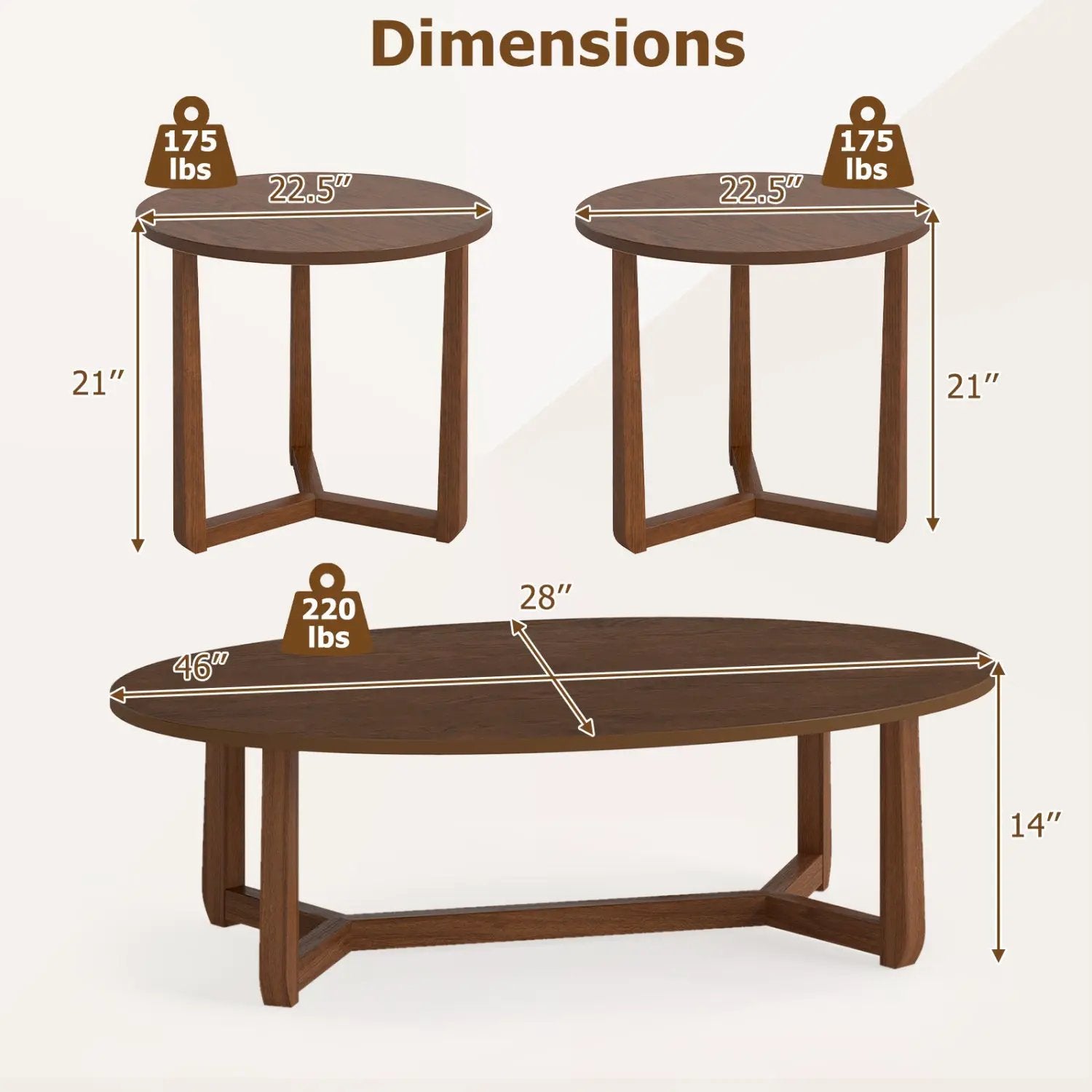 Nesting Coffee Table Set of 3 with Wood Veneered Top and Solid Rubber Wood Legs for Living Room by DirectDeals