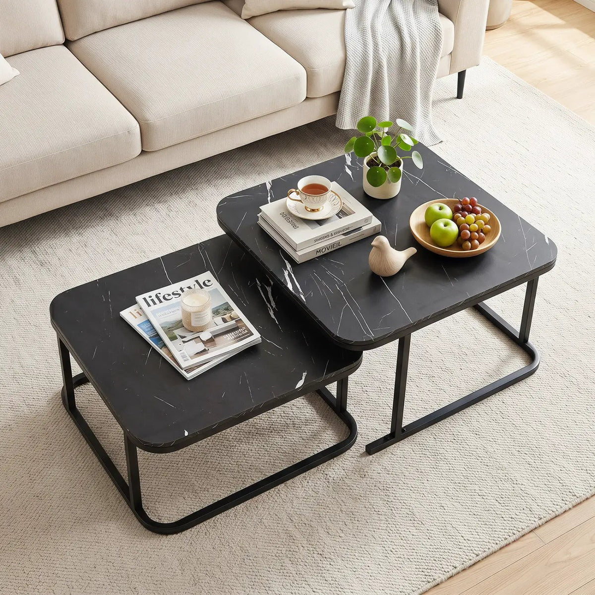 Nesting Coffee Table Set of 2 with Faux Marble Top
