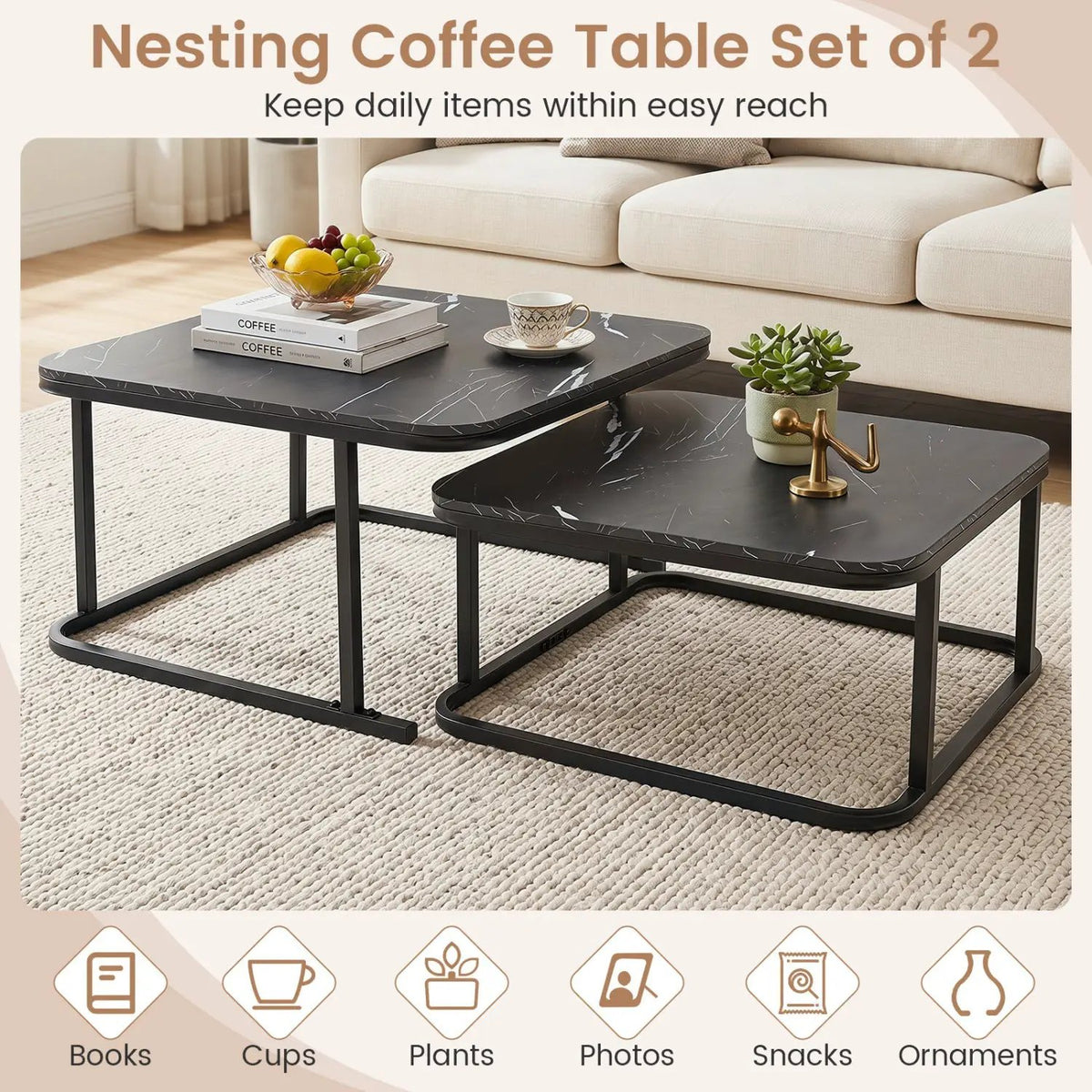 Nesting Coffee Table Set of 2 with Faux Marble Top, photo 8 of 16