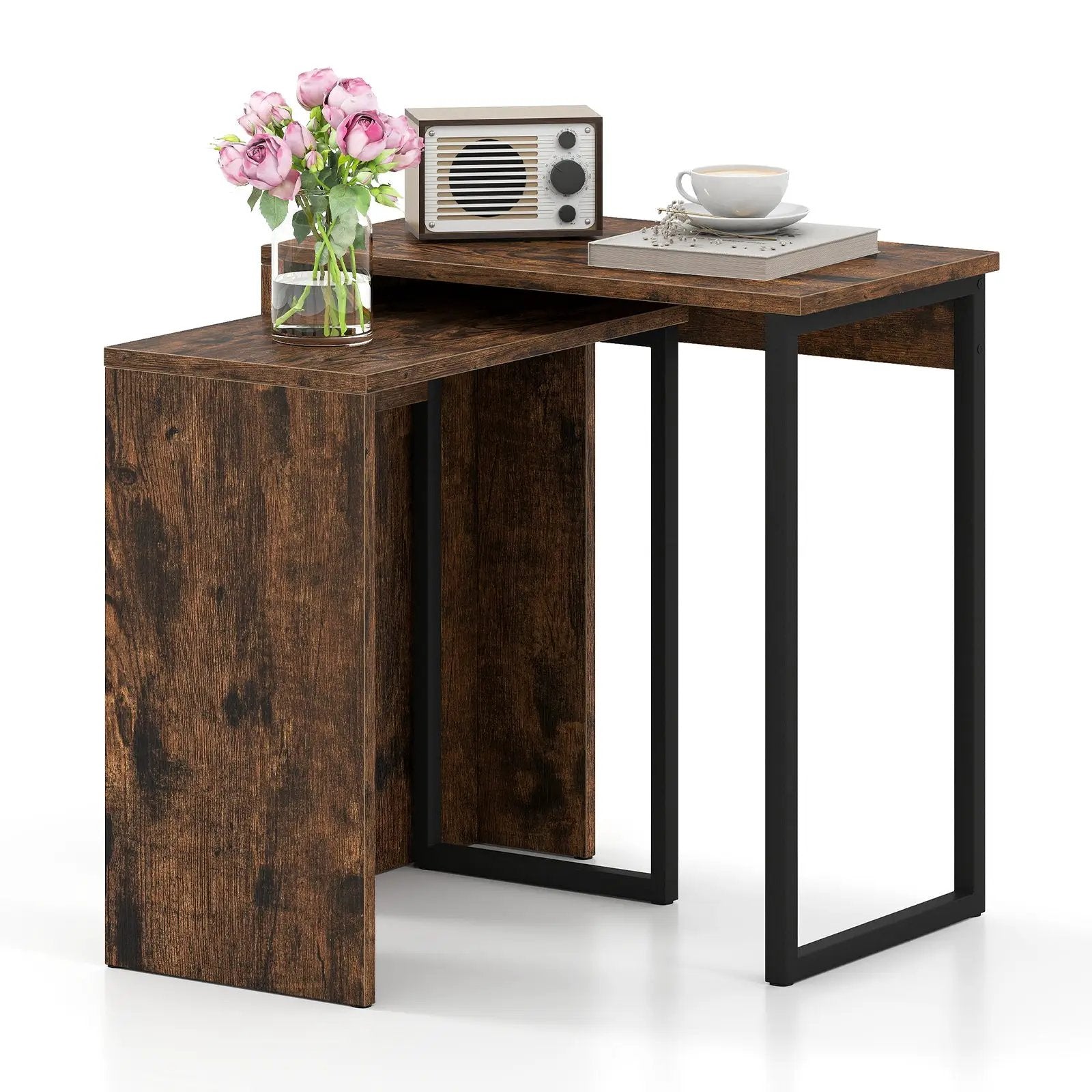 2-in-1 Nesting Coffee Table Set of 2 for Living Room and Bedroom-Rustic Brown by DirectDeals