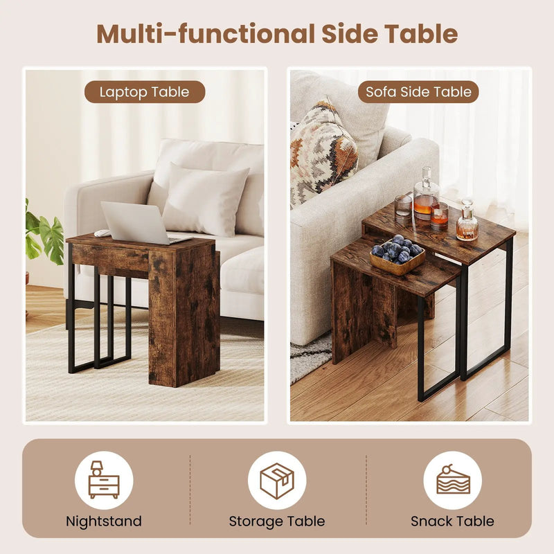 2-in-1 Nesting Coffee Table Set of 2 for Living Room and Bedroom-Rustic Brown by DirectDeals