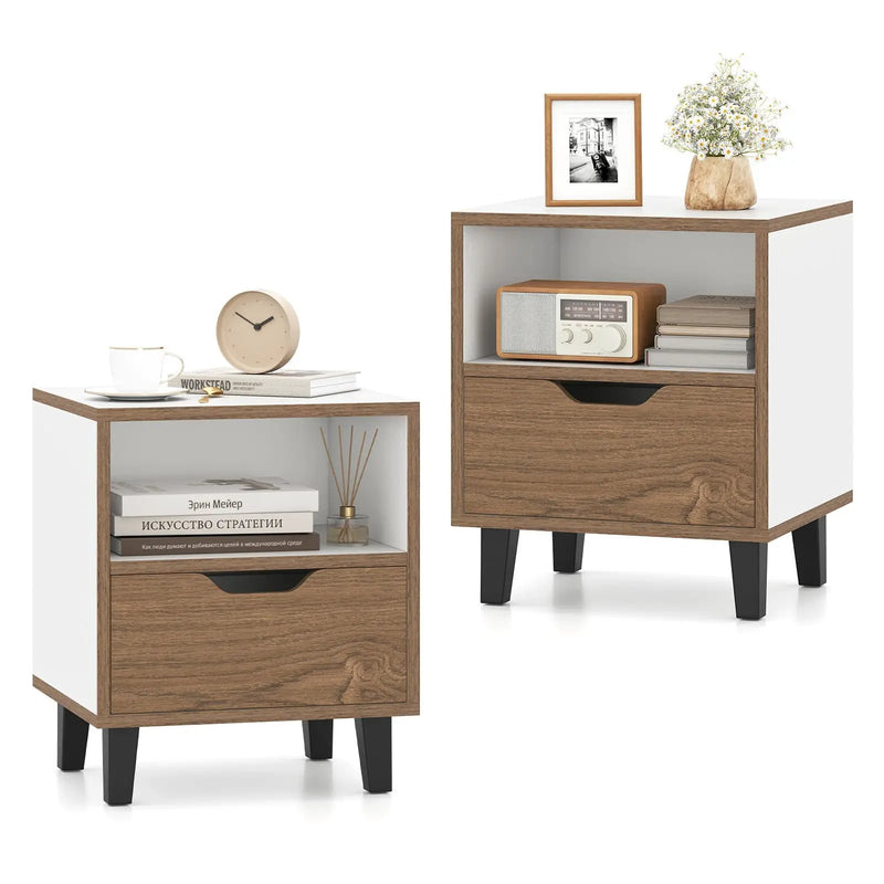 Nightstand Set of 2 with Drawer and Open Storage Shelf for Bedroom-White by DirectDeals