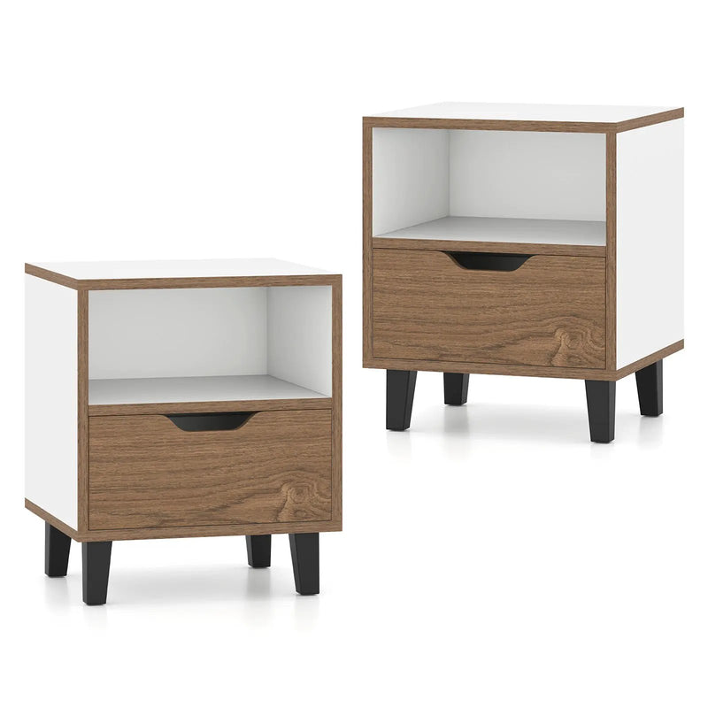 Nightstand Set of 2 with Drawer and Open Storage Shelf for Bedroom-White by DirectDeals