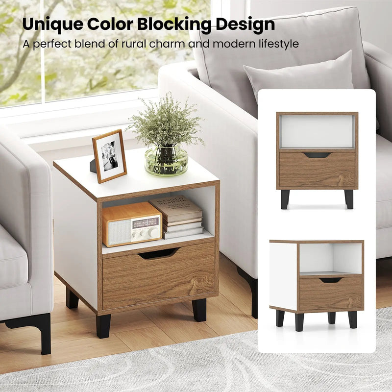 Nightstand Set of 2 with Drawer and Open Storage Shelf for Bedroom-White by DirectDeals