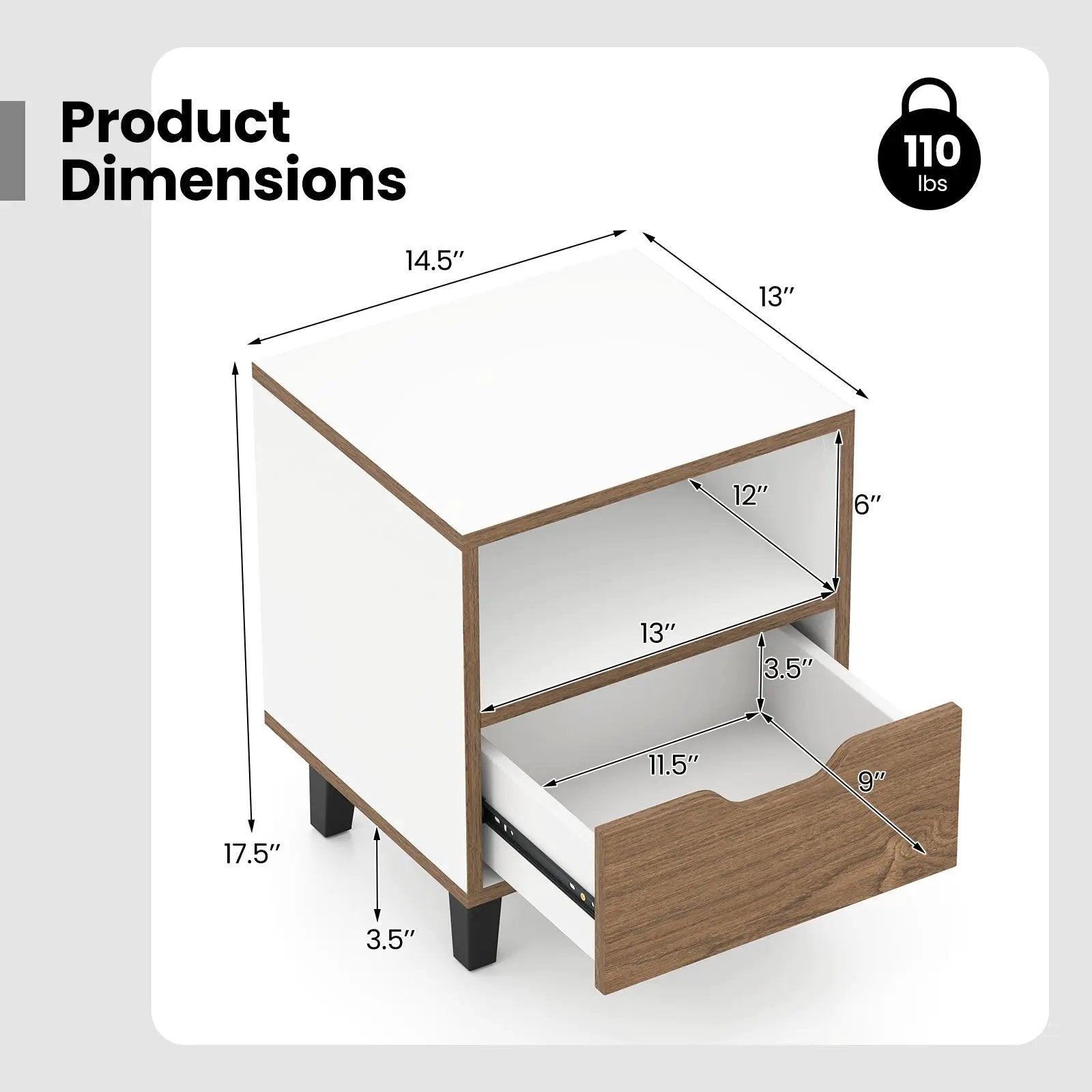 Nightstand Set of 2 with Drawer and Open Storage Shelf for Bedroom-White by DirectDeals