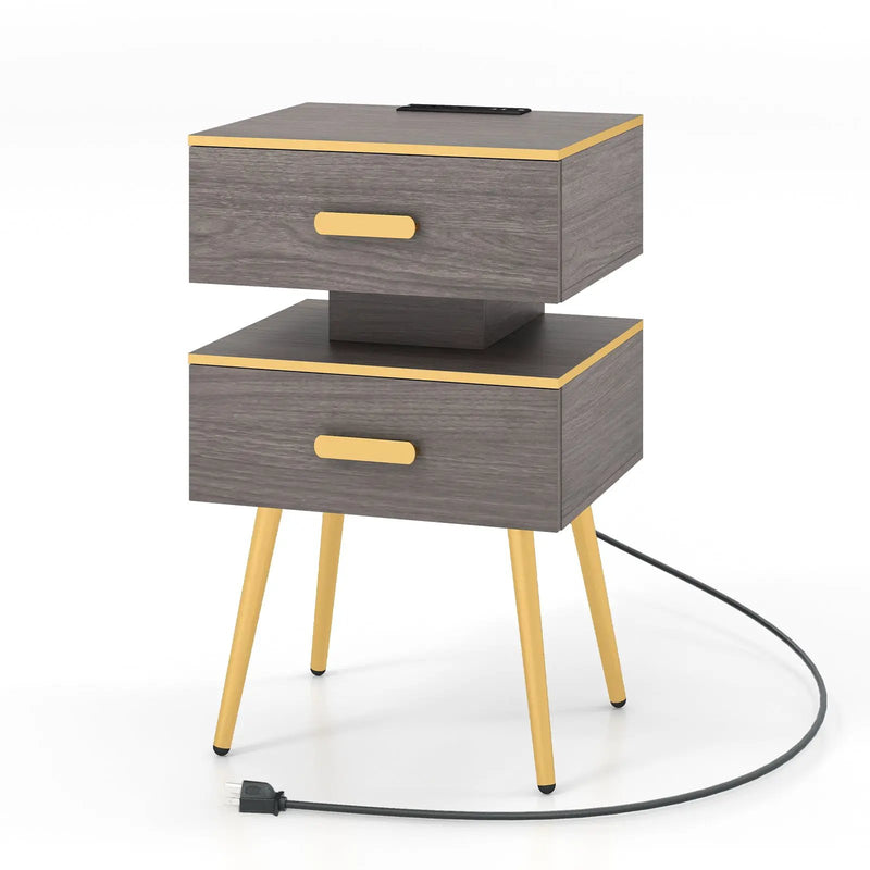 Nightstand Sofa Side Tables with Charging Station and 2 Drawers and LED lights-Gray by DirectDeals