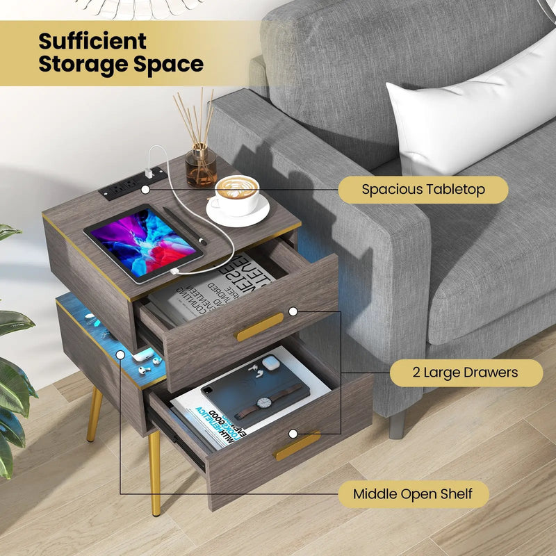 Nightstand Sofa Side Tables with Charging Station and 2 Drawers and LED lights-Gray by DirectDeals