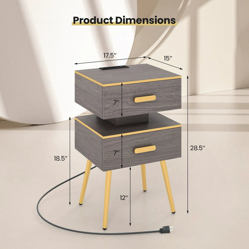 Nightstand Sofa Side Tables with Charging Station and 2 Drawers and LED lights-Gray by DirectDeals