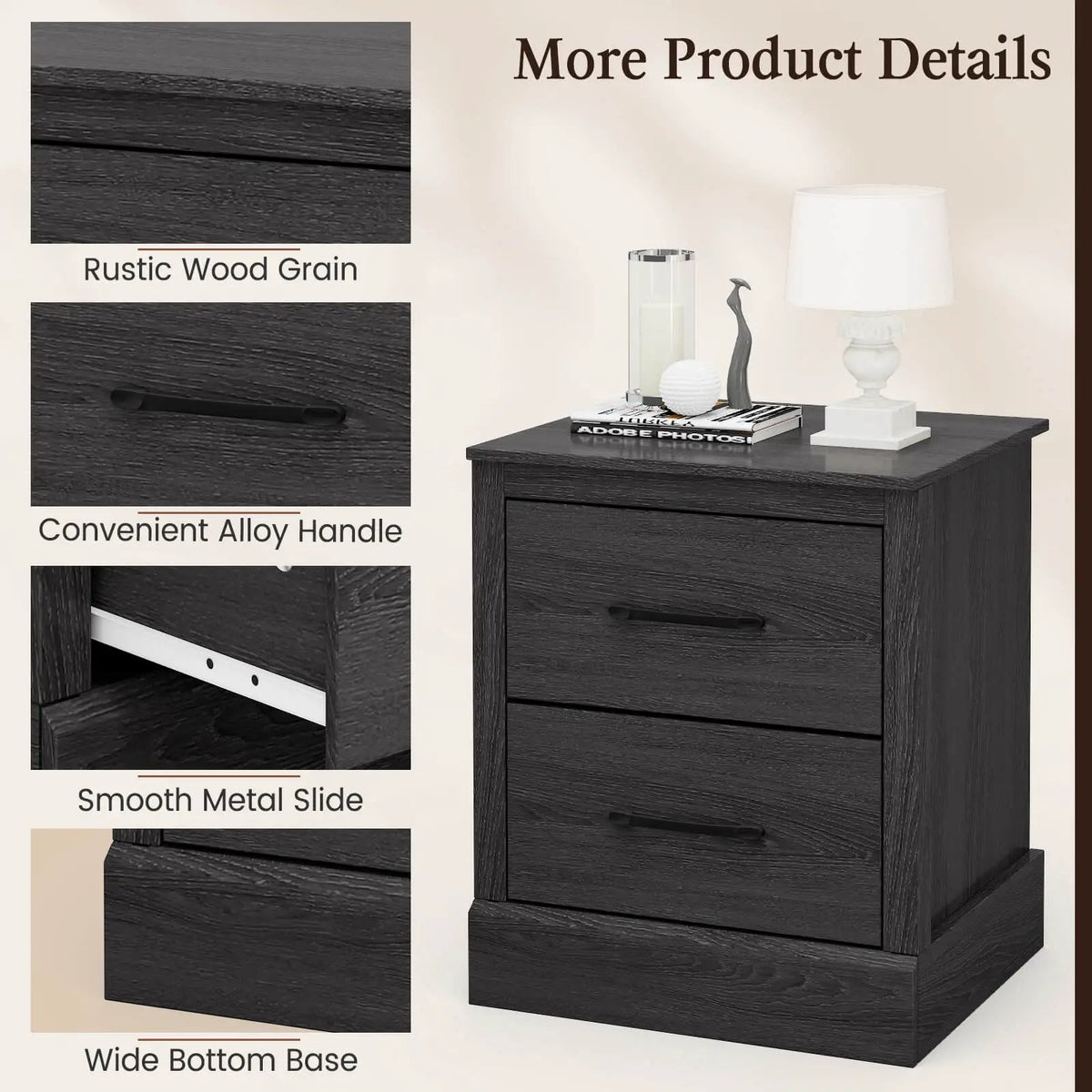 Wood Compact Floor Nightstand with Storage Drawers, detail