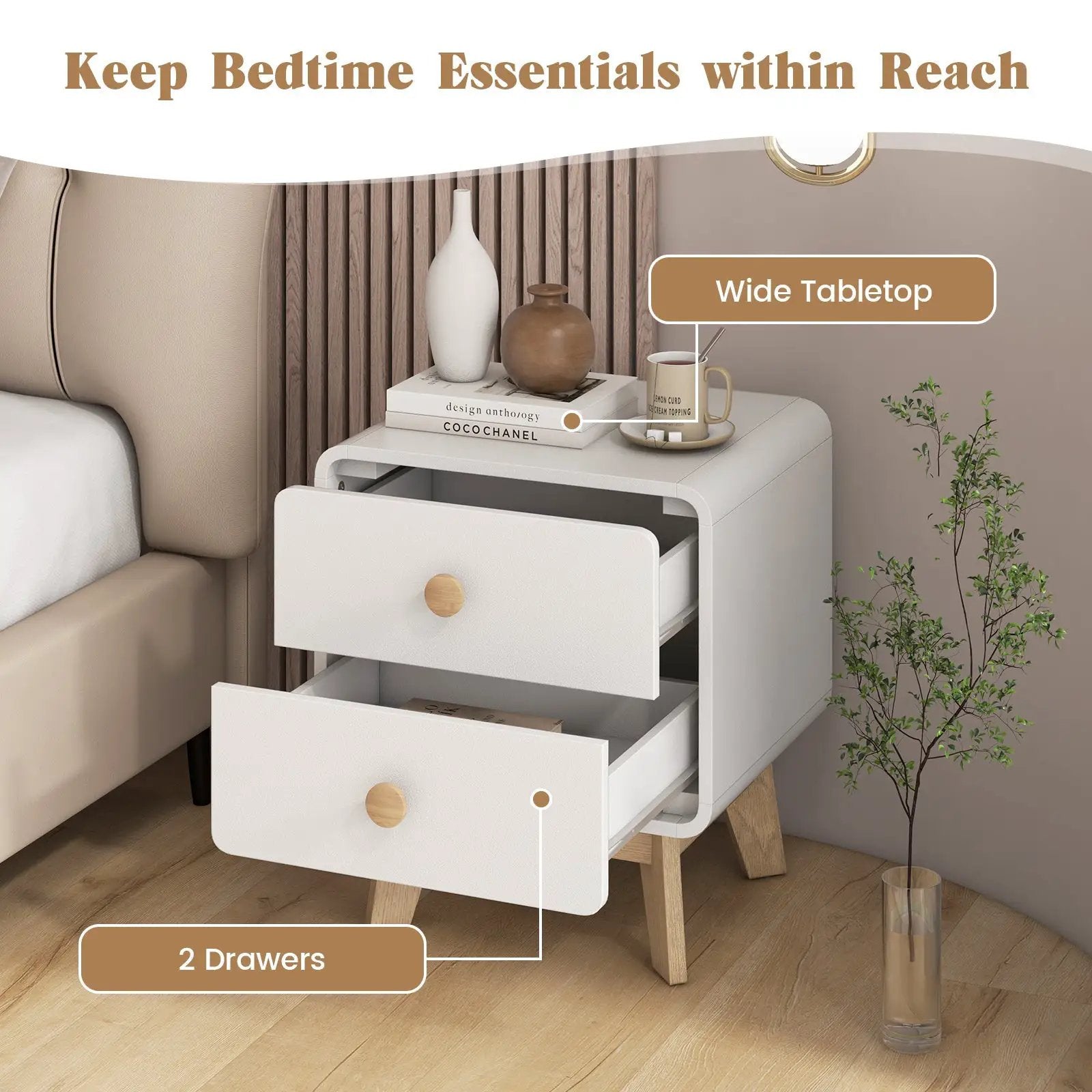 Nightstand with 2 Drawers Solid Rubber Wood Legs by DirectDeals