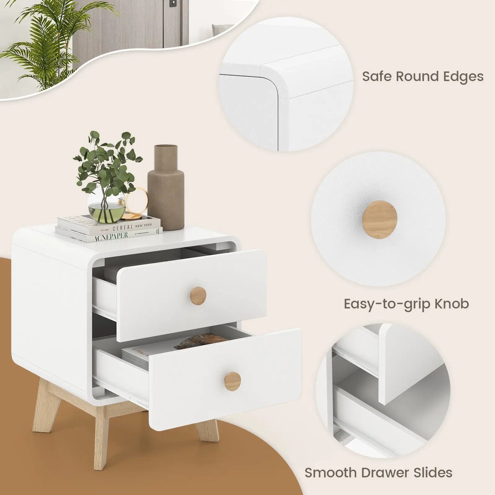 Nightstand with 2 Drawers Solid Rubber Wood Legs by DirectDeals