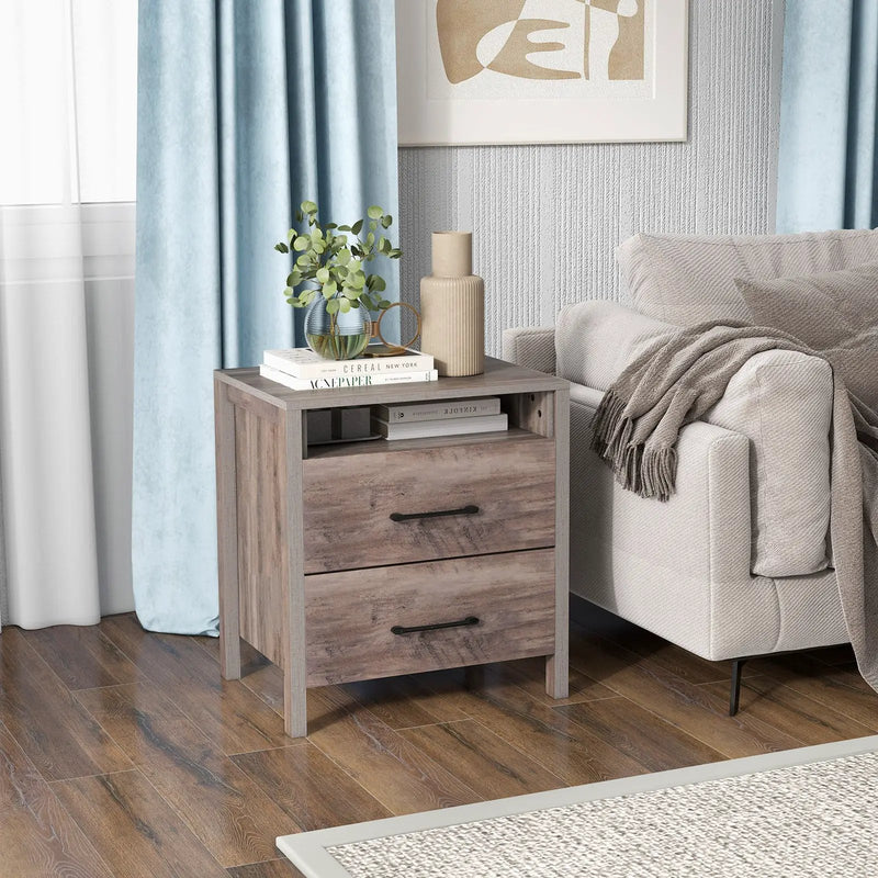 Nightstand with 2 Drawers Farmhouse Bed Side Table with Open Storage Shelf-Grey by DirectDeals
