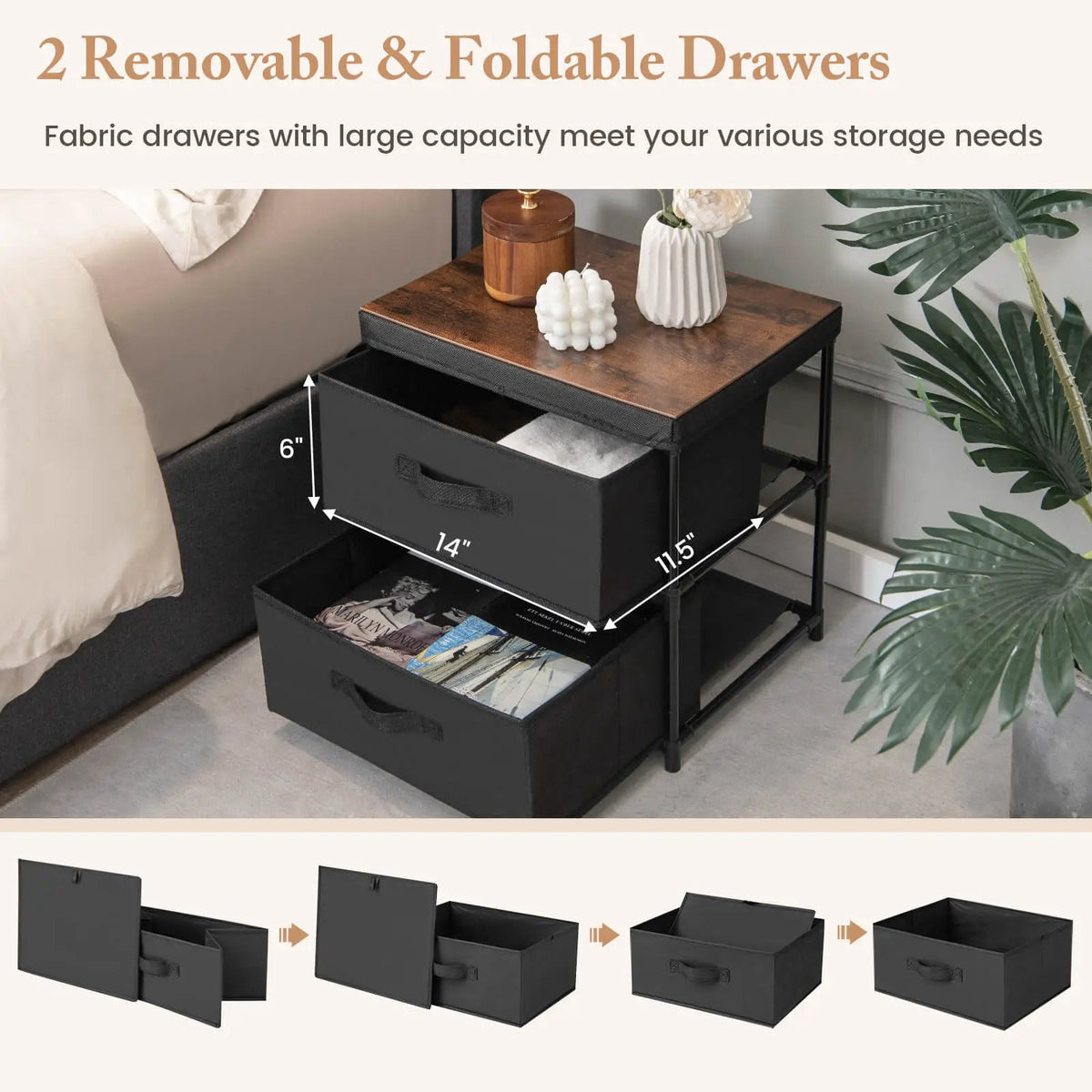 2-Drawer Nightstand with Removable Fabric Bins and Pull Handles, photo 10 of 16