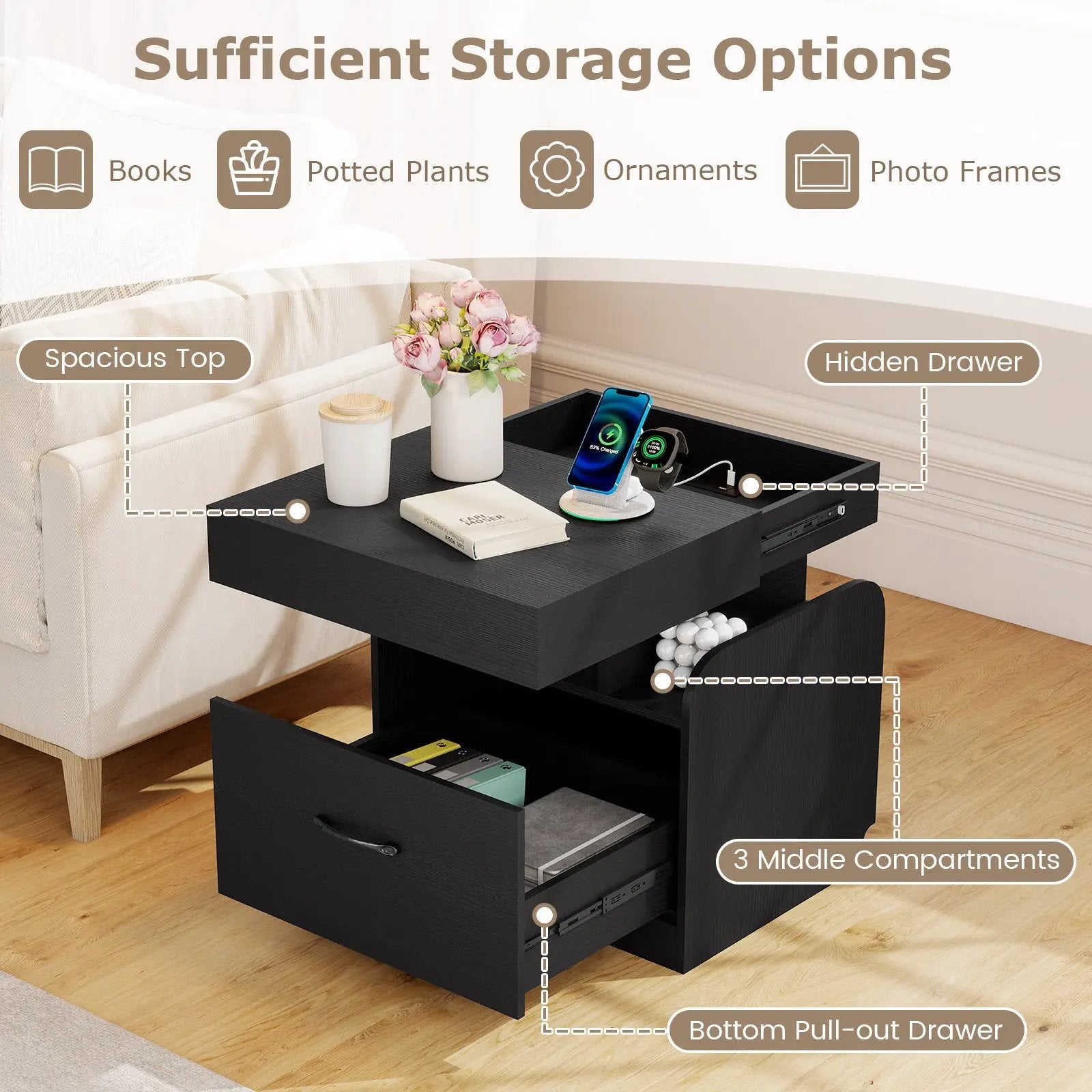 Nightstand with Charging Station Modern Bedside Table for Living Room Bedroom Office by DirectDeals