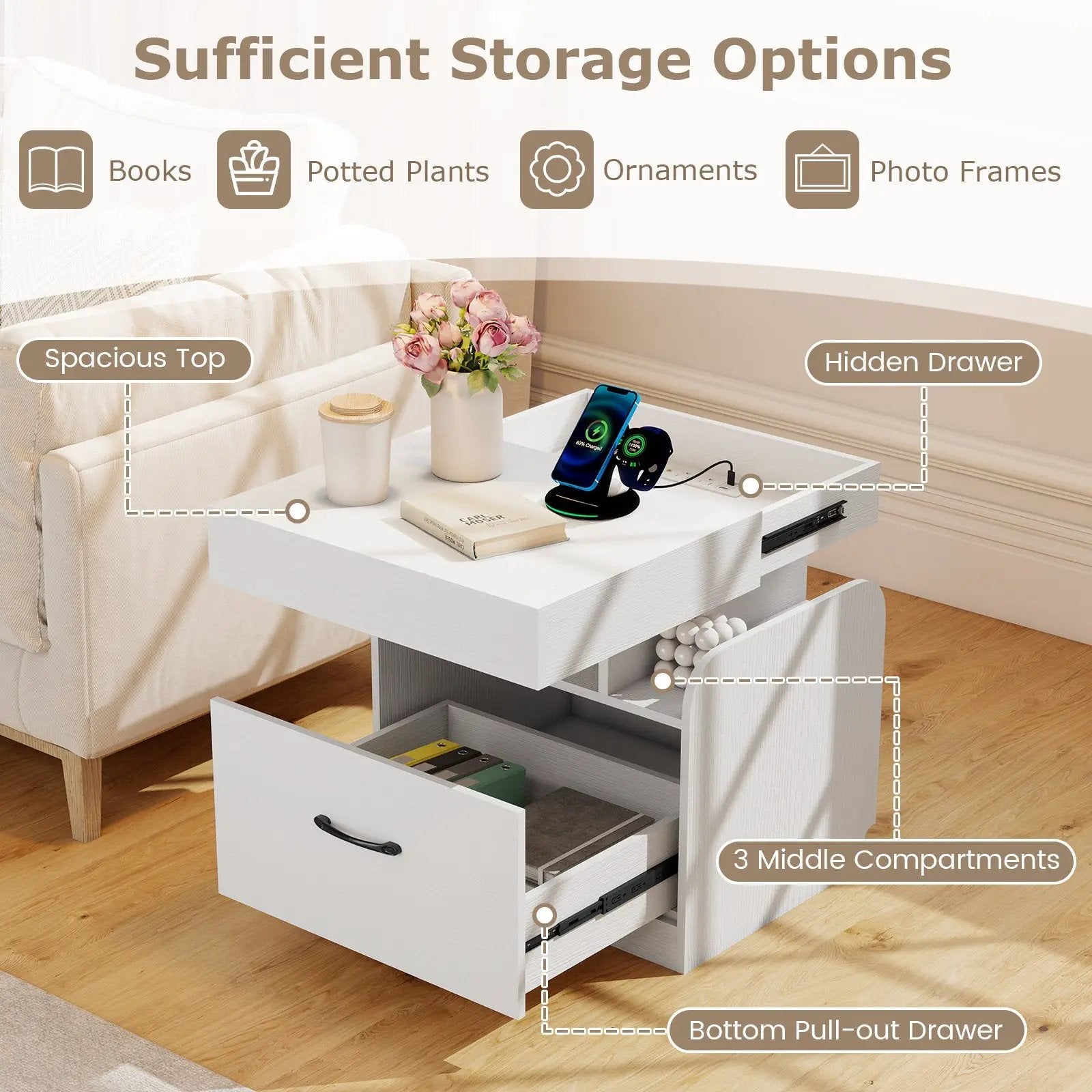 Nightstand with Charging Station Modern Bedside Table for Living Room Bedroom Office by DirectDeals