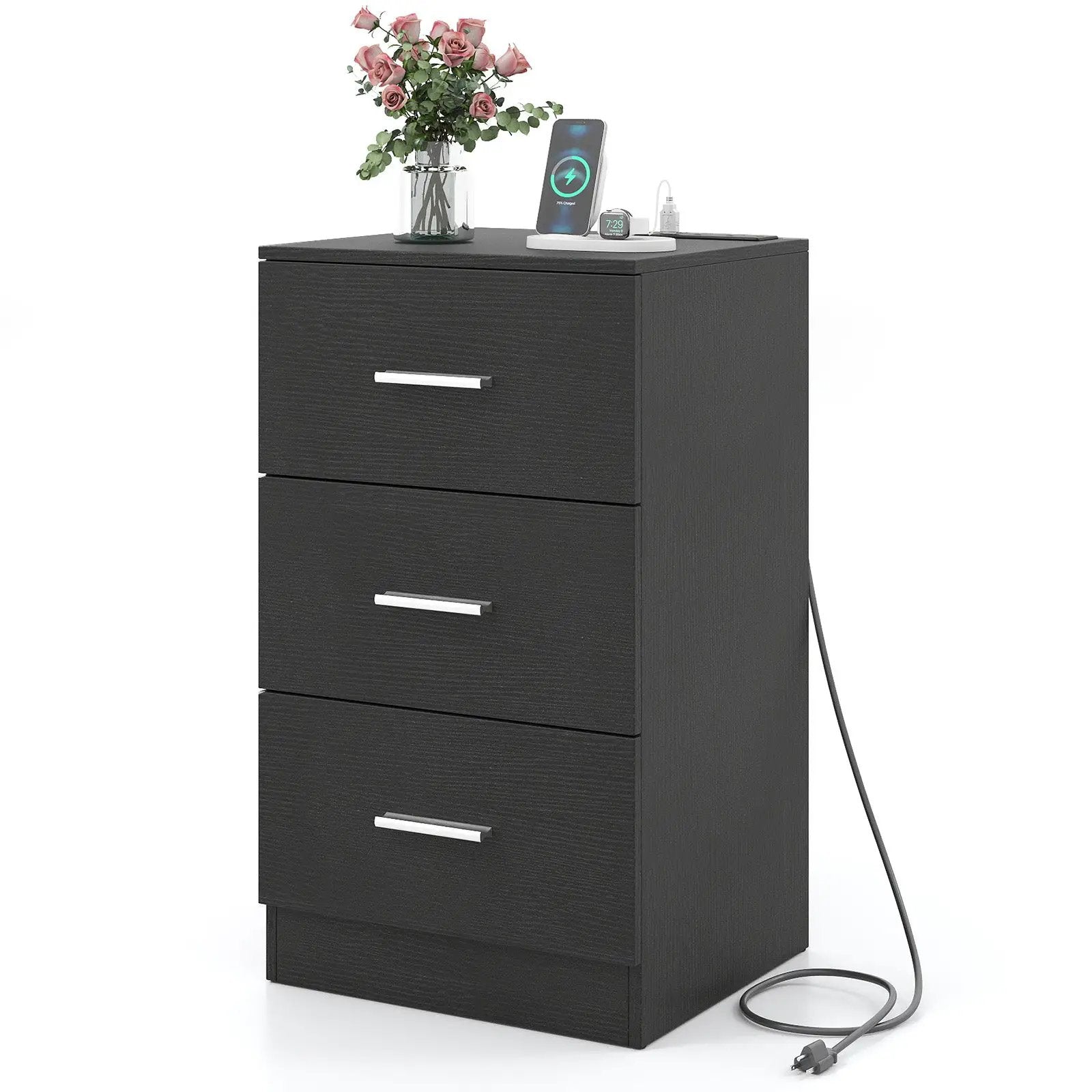 Nightstand with Charging Station End Table with 3 Storage Drawers Bedside Table for Bedroom by DirectDeals