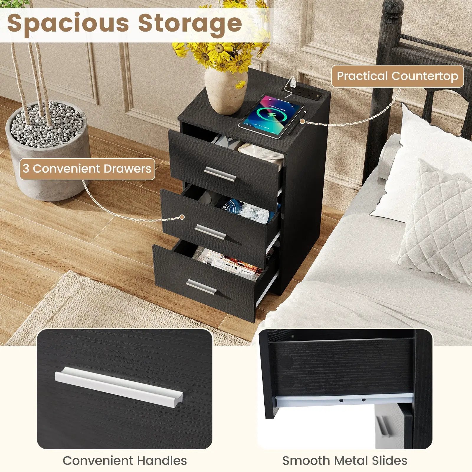 Nightstand with Charging Station End Table with 3 Storage Drawers Bedside Table for Bedroom by DirectDeals