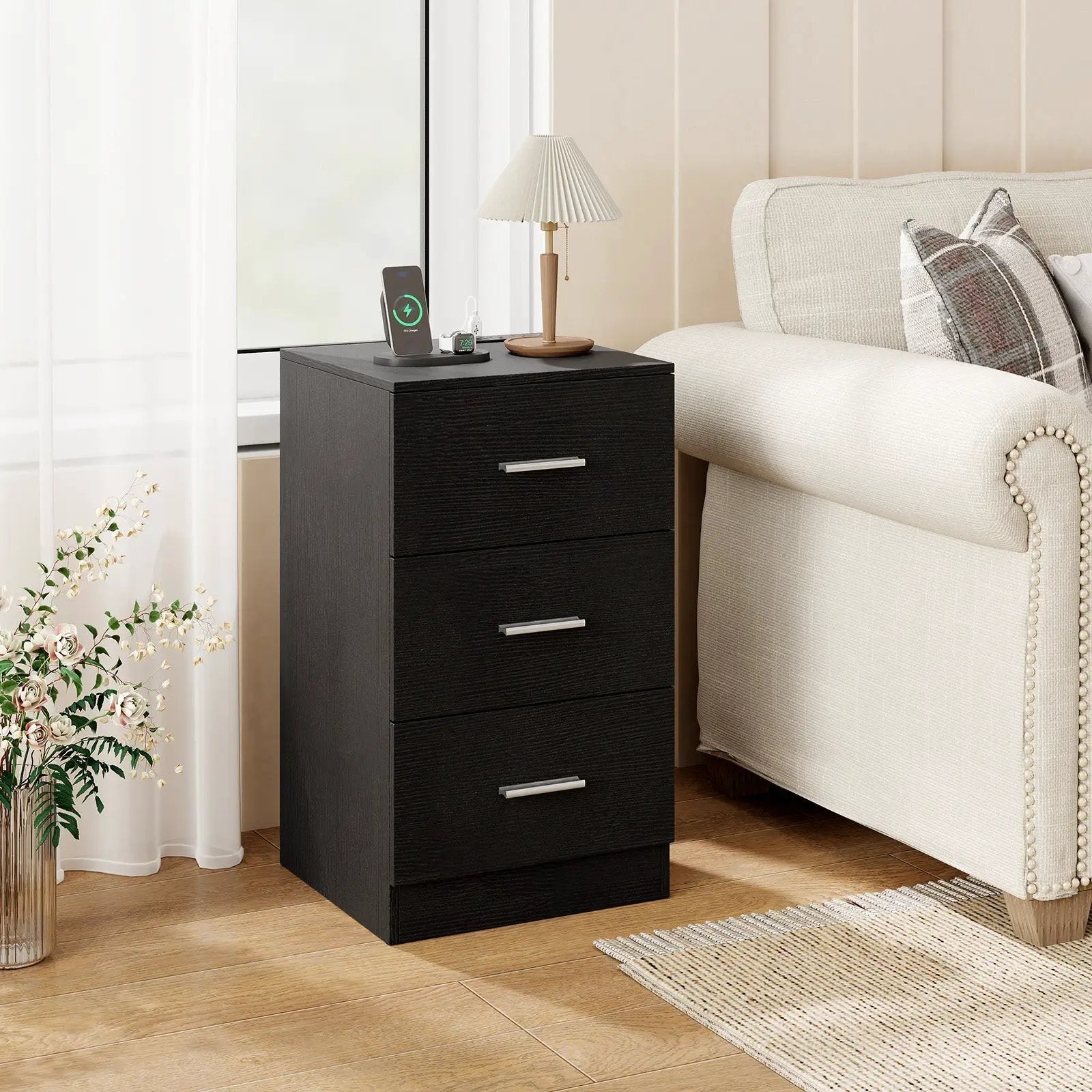 Nightstand with Charging Station End Table with 3 Storage Drawers Bedside Table for Bedroom by DirectDeals