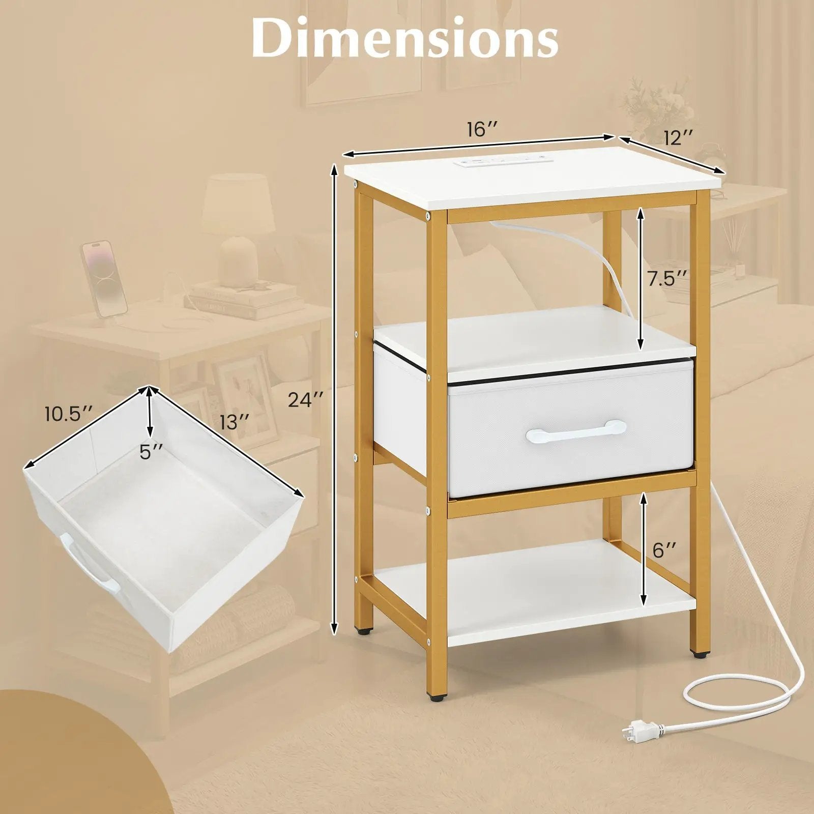 Nightstand with Charging Station and Adjustable Fabric Drawer for Bedroom and Living Room by DirectDeals