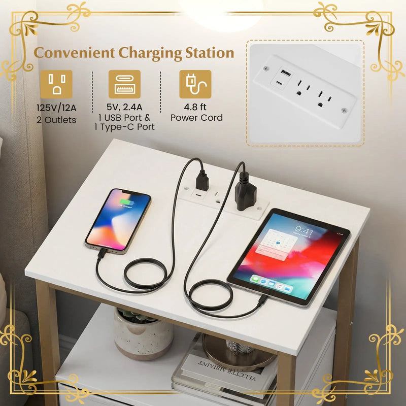 Nightstand with Charging Station and Adjustable Fabric Drawer for Bedroom and Living Room by DirectDeals
