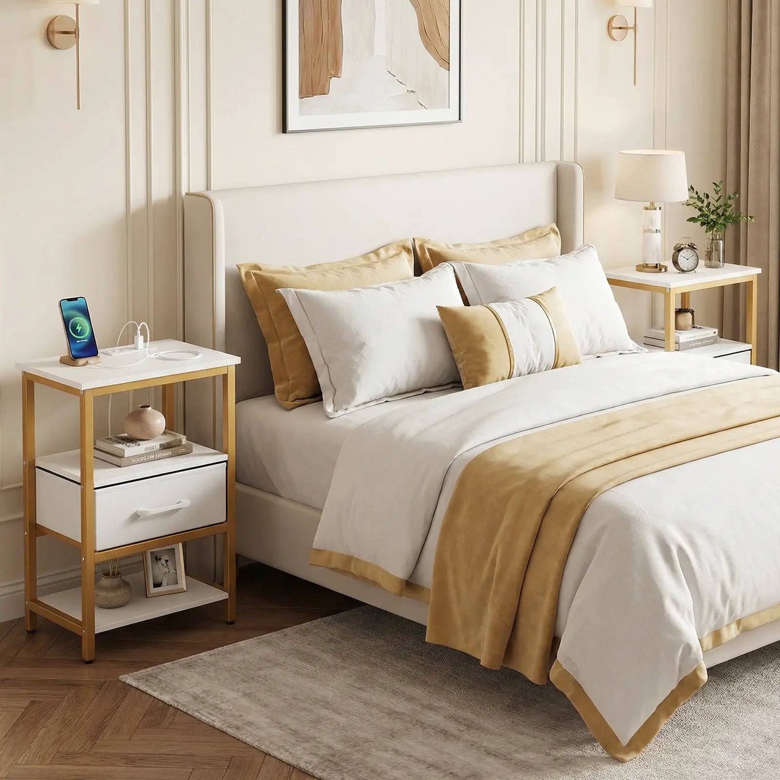 Nightstand with Charging Station and Adjustable Fabric Drawer for Bedroom and Living Room by DirectDeals