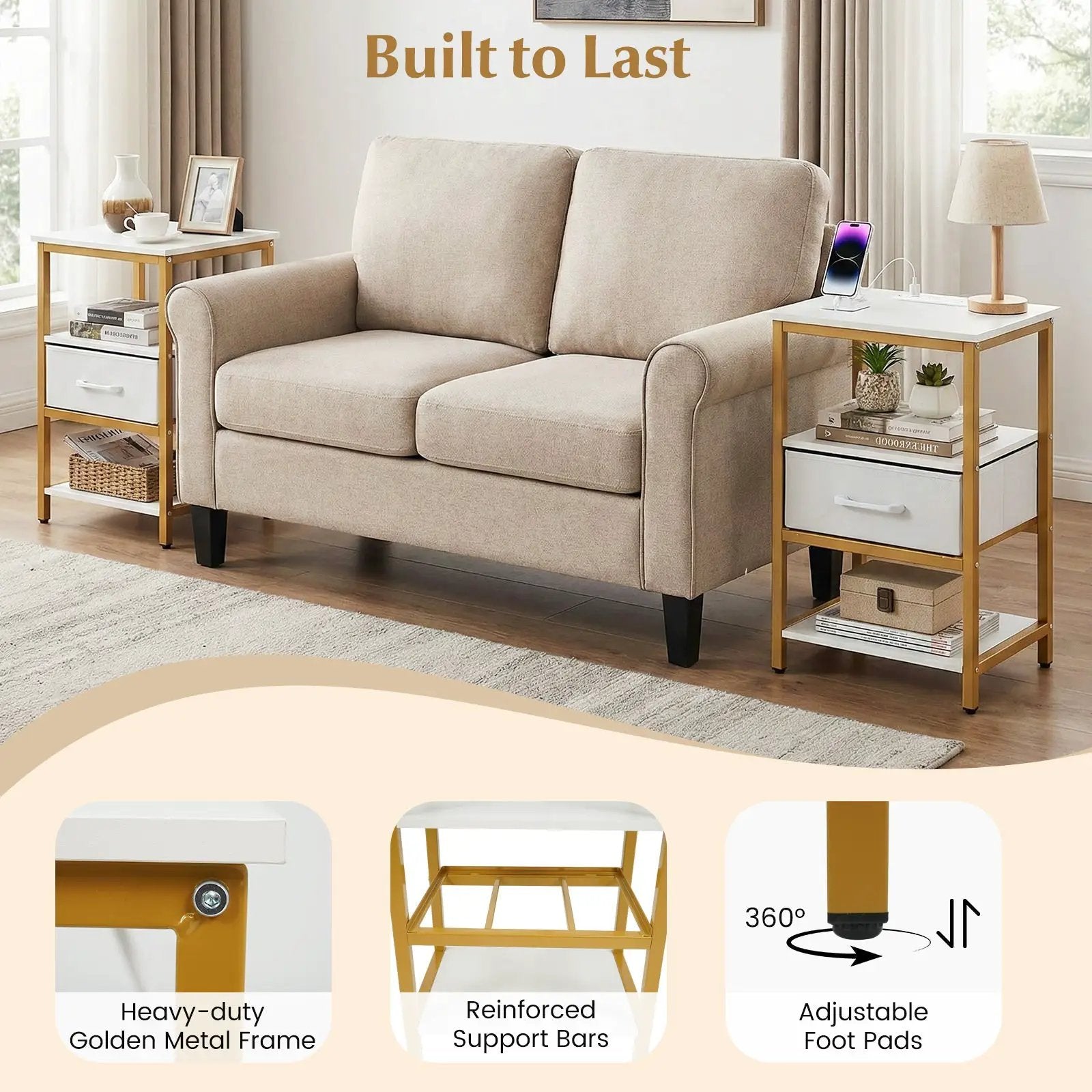 Nightstand with Charging Station and Adjustable Fabric Drawer for Bedroom and Living Room by DirectDeals