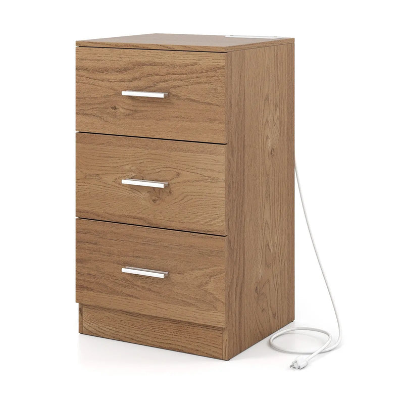 Nightstand with Charging Station End Table with 3 Storage Drawers Bedside Table for Bedroom by DirectDeals