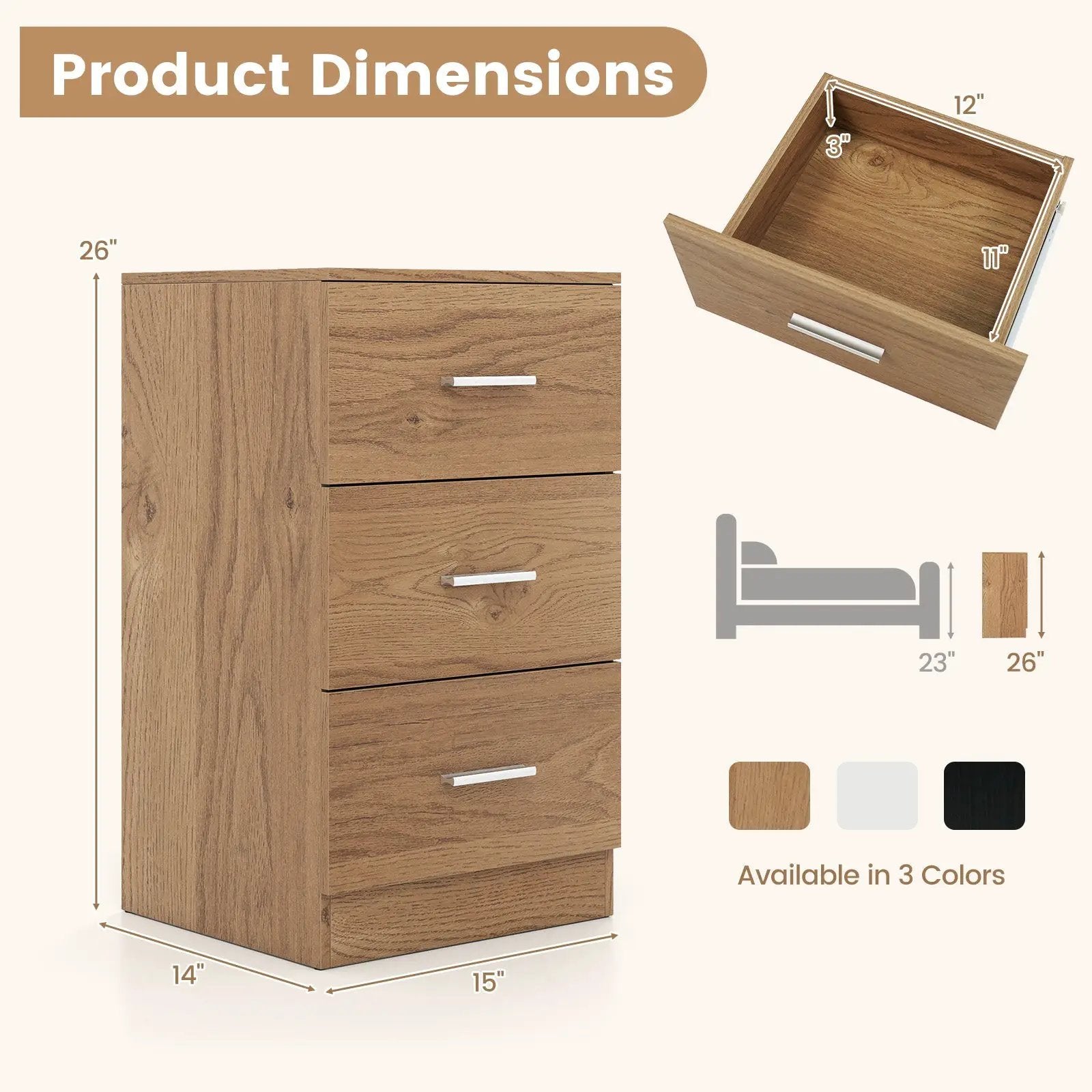Nightstand with Charging Station End Table with 3 Storage Drawers Bedside Table for Bedroom by DirectDeals