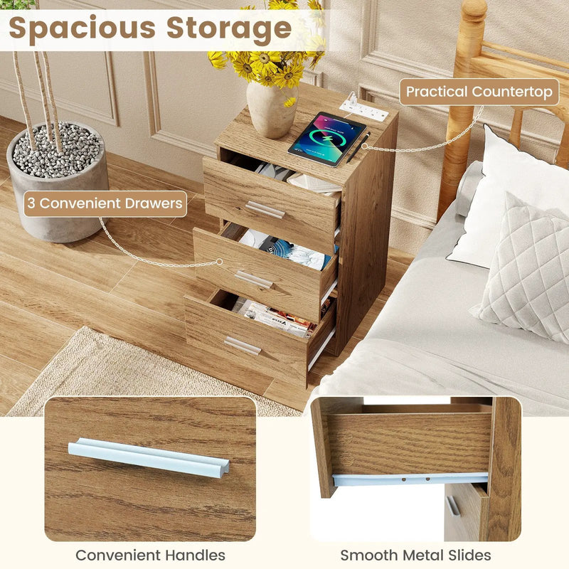 Nightstand with Charging Station End Table with 3 Storage Drawers Bedside Table for Bedroom by DirectDeals