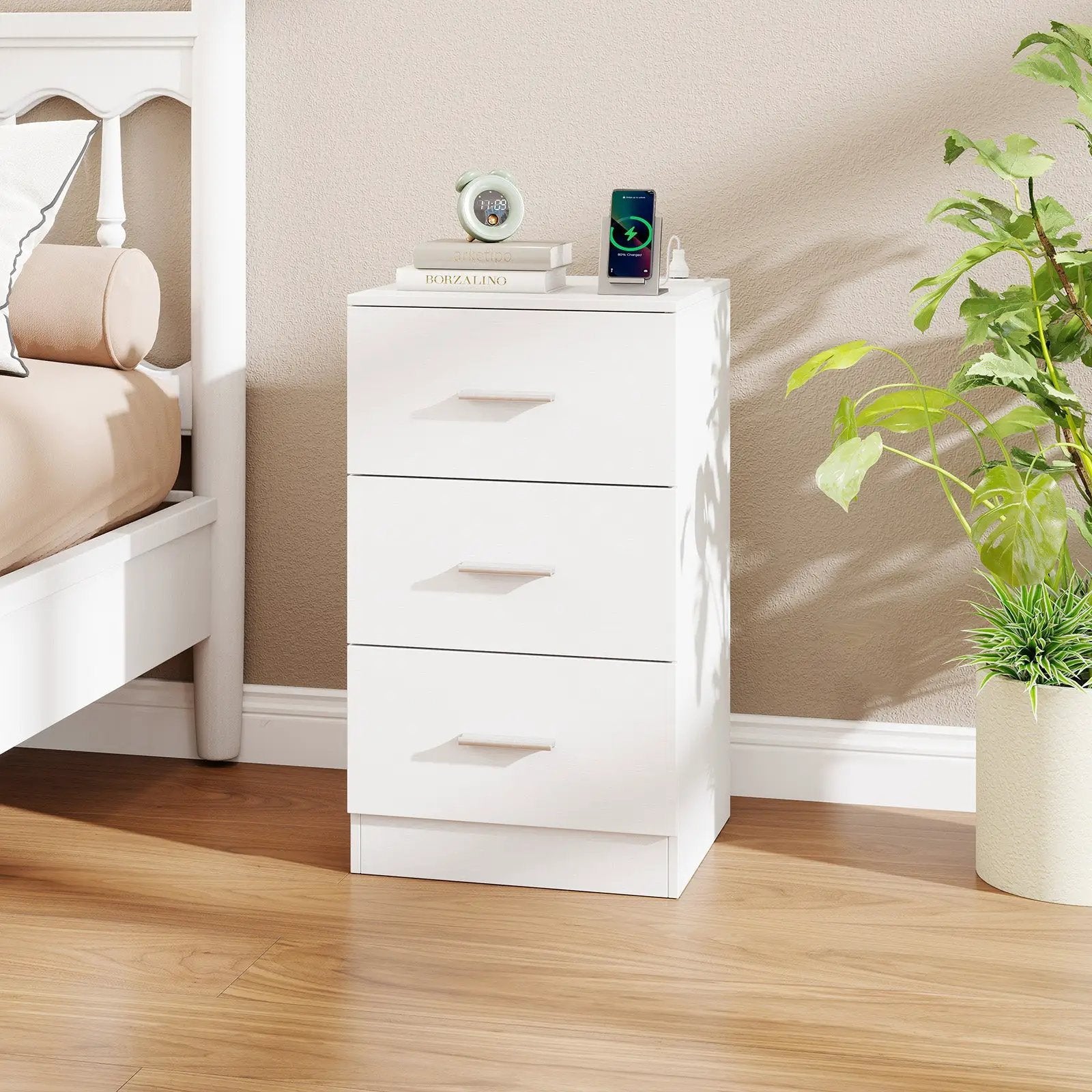 Nightstand with Charging Station End Table with 3 Storage Drawers Bedside Table for Bedroom by DirectDeals
